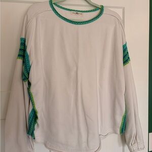 Natural Life White Sweater with Green and Blue Trim